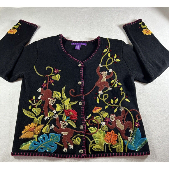 Vintage Sweaters - In The Dream Garden Vintage Monkey Jungle Cardigan Sweater Medium